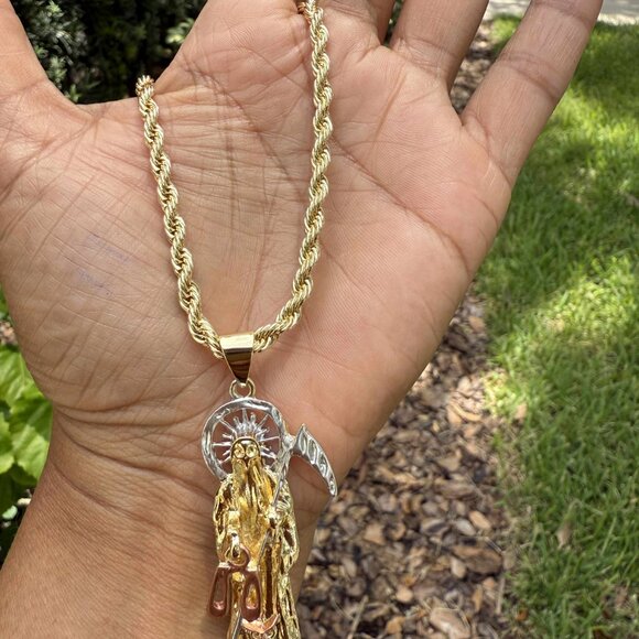 14K GP Grim Reaper Pendant Iced Bling Santa Muerte Rope Torch Chain Jewelry - Picture 3 of 5